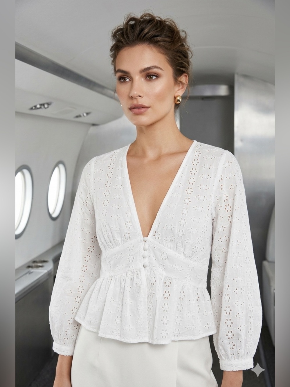 Zara White Eyelet Embroidered Peplum Blouse Size S Boho Cottagecore V-Neck